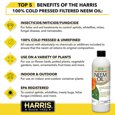 HARRIS rociador aplicando aceite de neem en hojas, protección orgánica efectiva