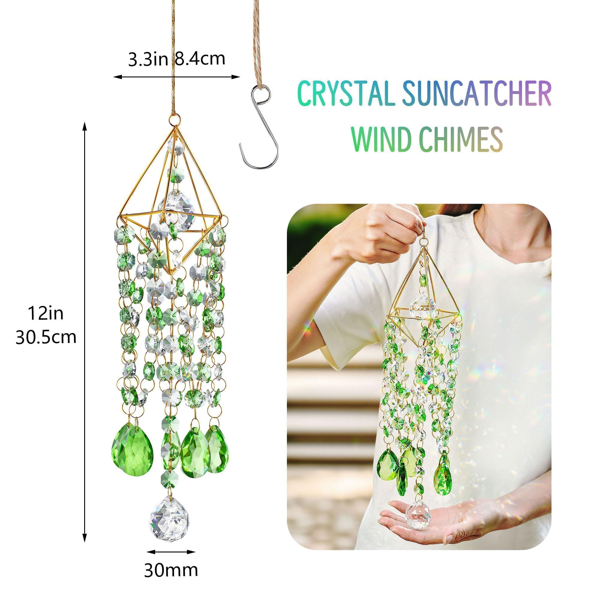 HDCRYSTALGIFTS primer plano de prisma verde, brillo que crea arcoíris