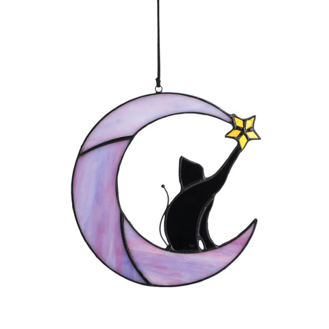 HDCRYSTALGIFTS vista frontal del suncatcher mostrando gato y luna, añade color