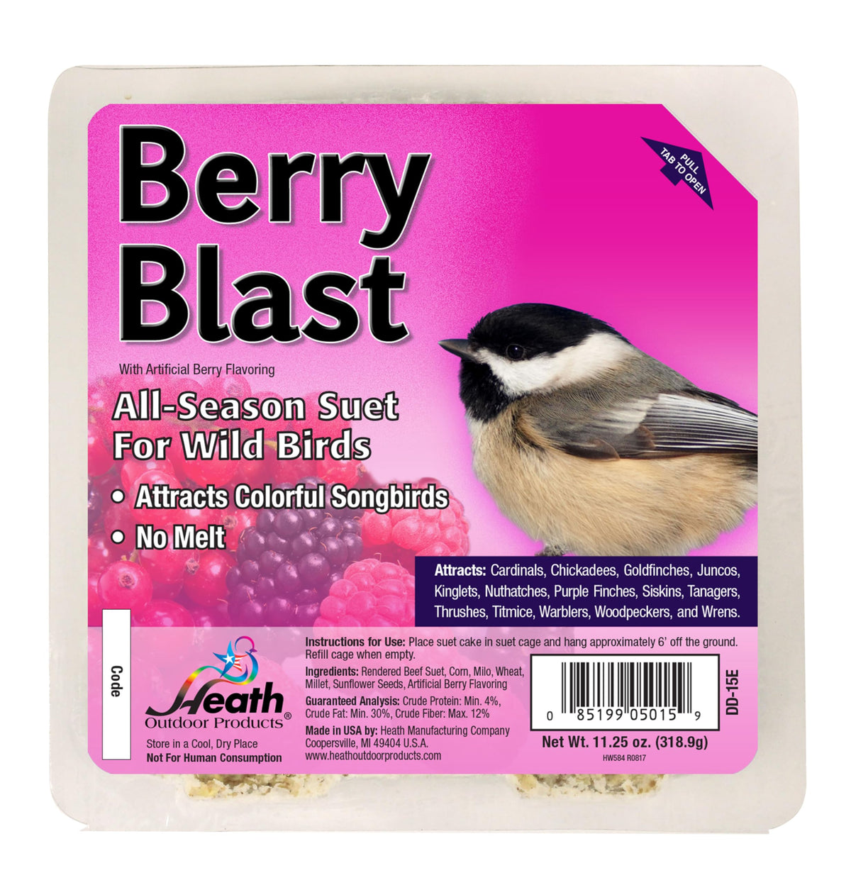 Heath Outdoor Products vista frontal del paquete Berry Blast atrae aves fácilmente