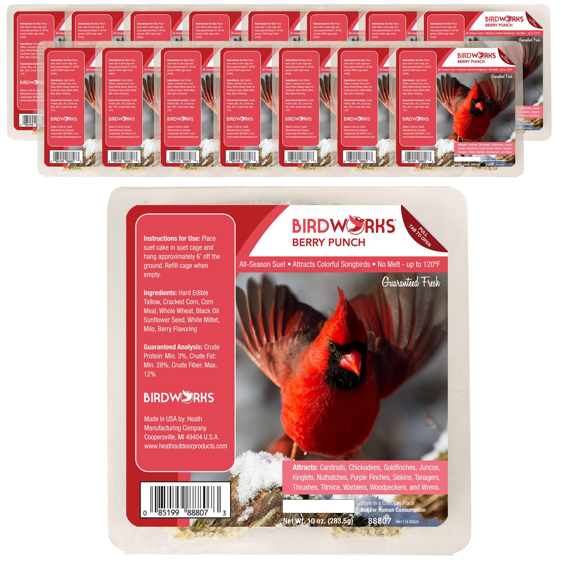 Heath Outdoor Products empaquetado frontal del suet cake que muestra frescura y conveniencia