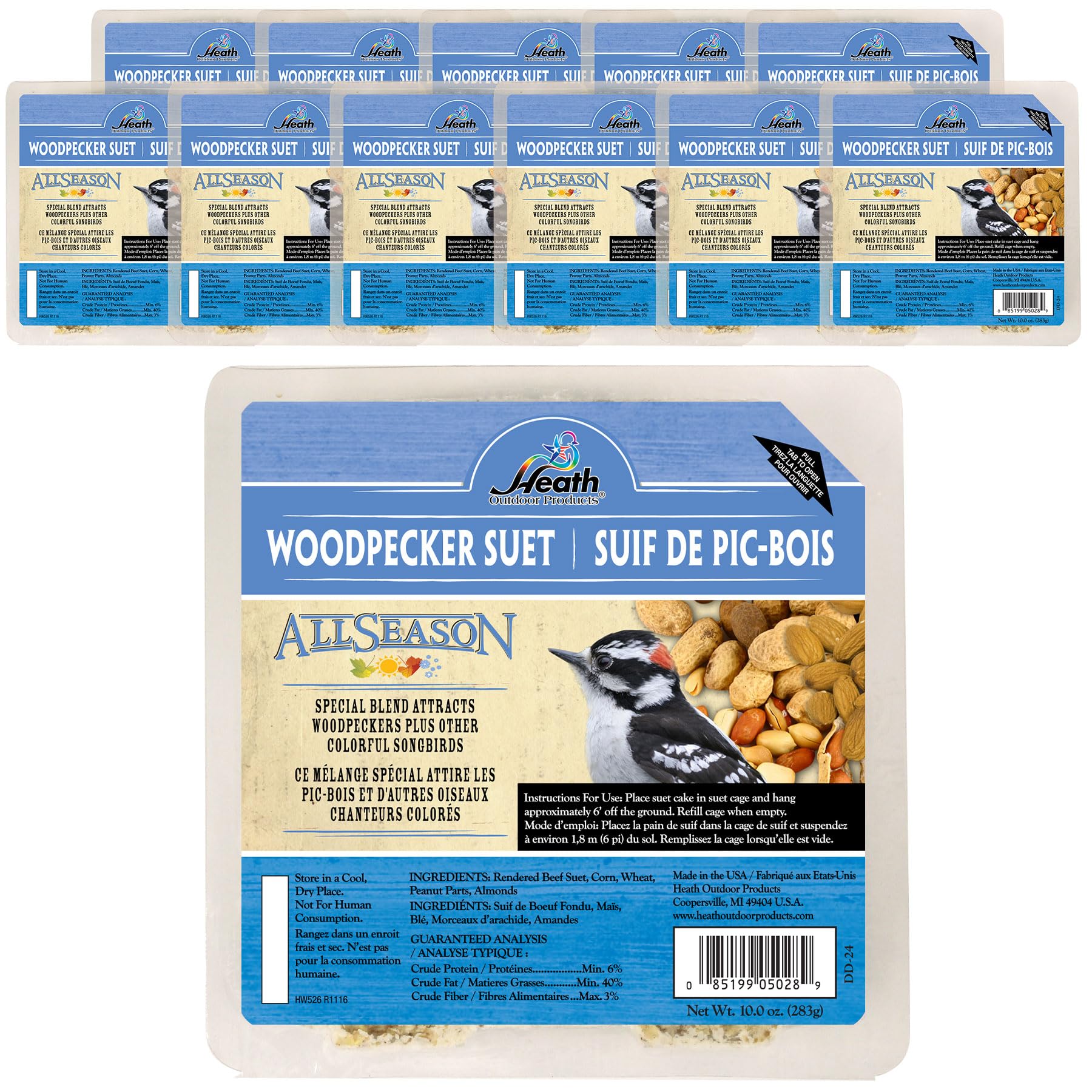 Heath suet cake vista frontal mostrando empaque y tamaño práctico para alimentar aves