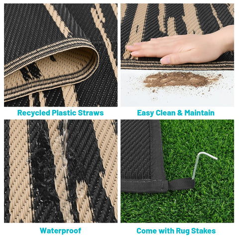 HEBE alfombra en uso en patio junto a mesa y sillas, ambiente práctico