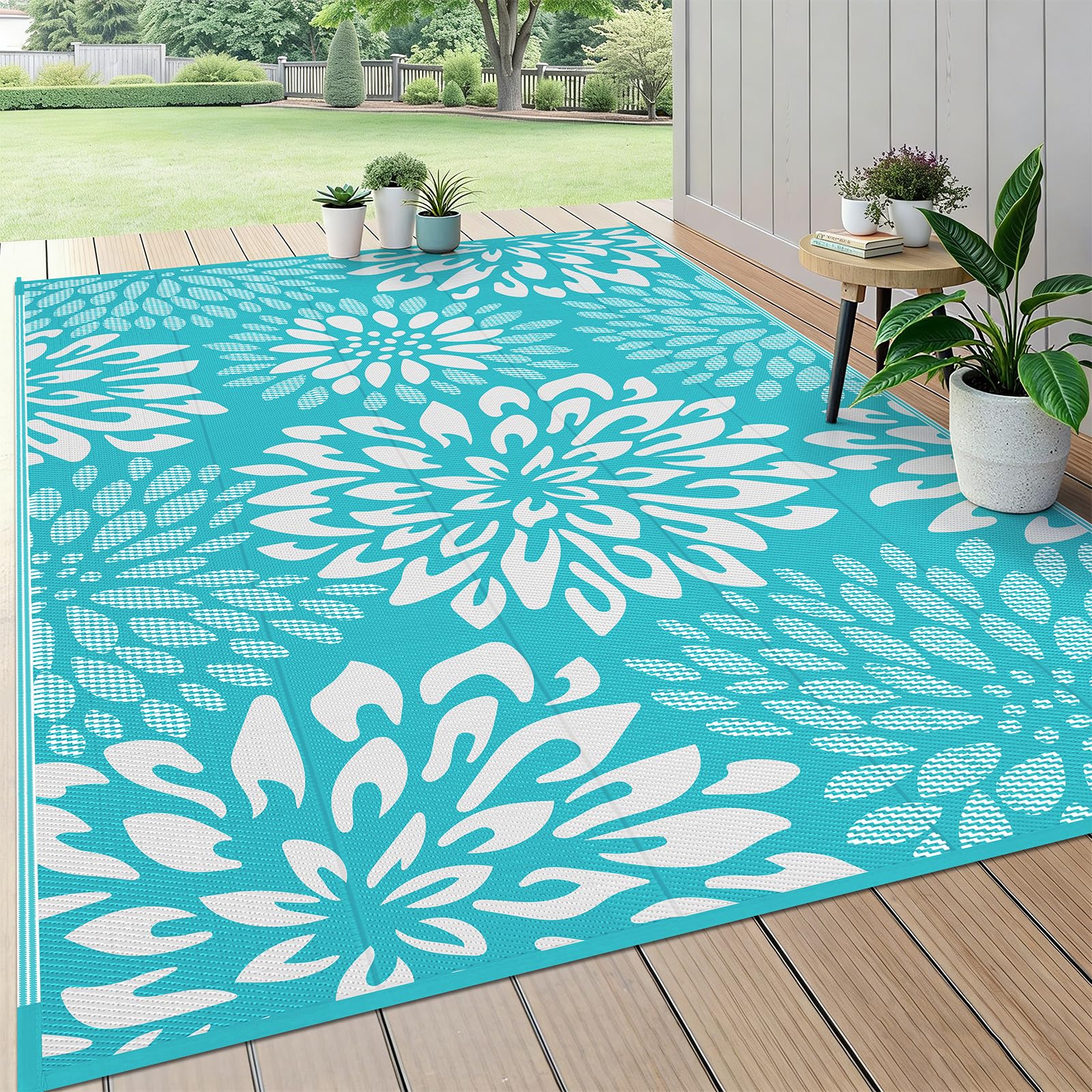 HEBE alfombra exterior frontal mostrando diseño floral y cobertura
