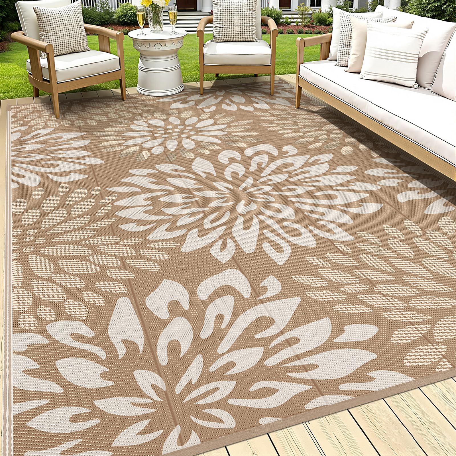 HEBE alfombra exterior frontal mostrando diseño floral y durabilidad