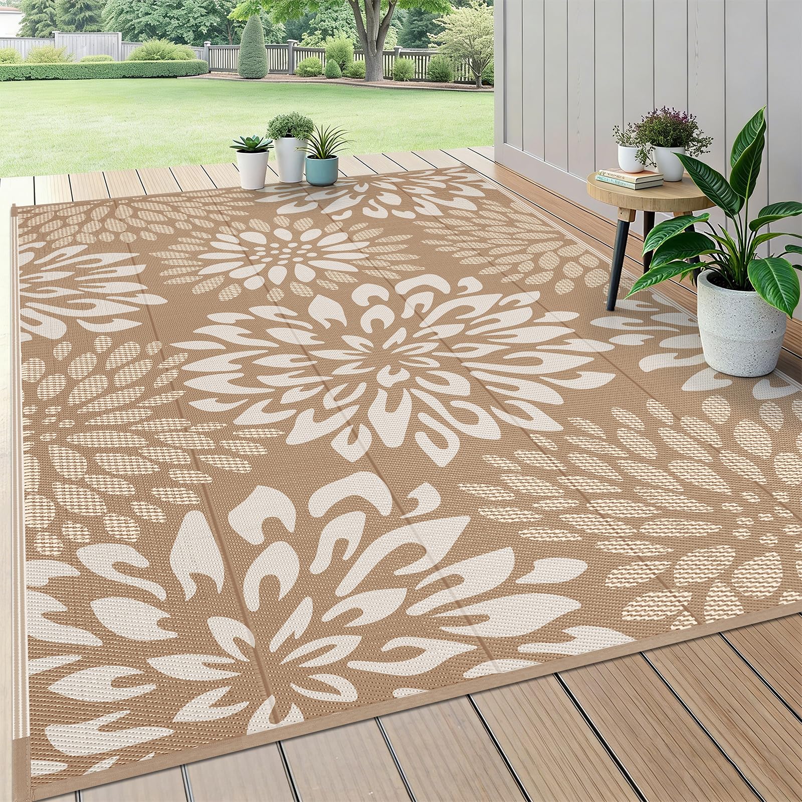 HEBE alfombra exterior vista frontal con diseño floral, mejora estética del patio