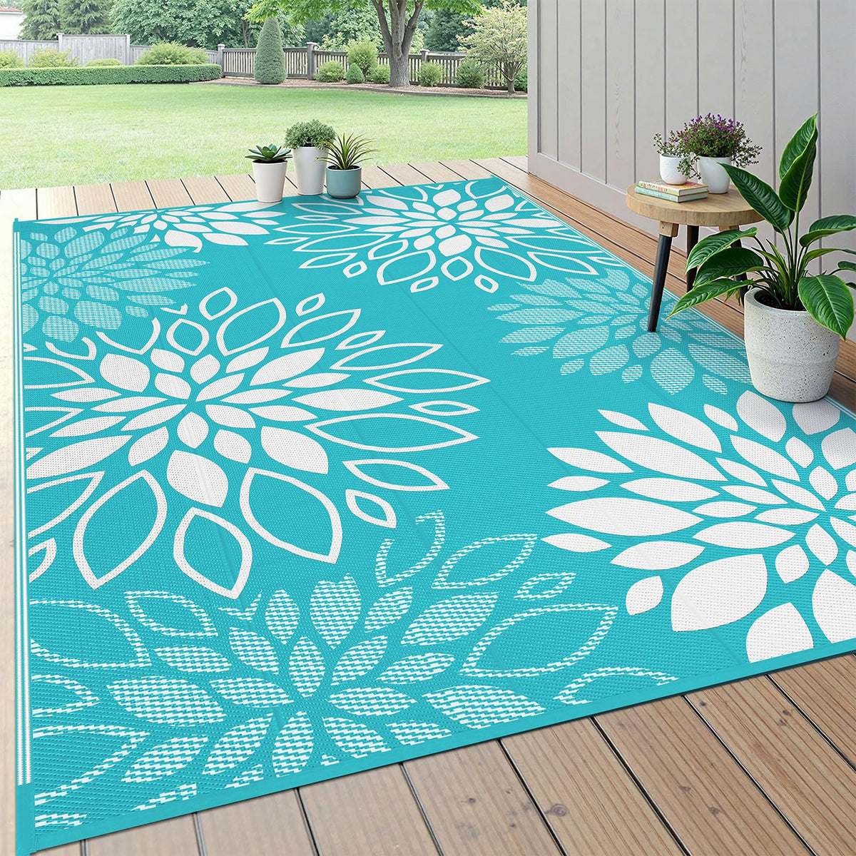 HEBE alfombra frontal mostrando diseño floral y ventaja decorativa