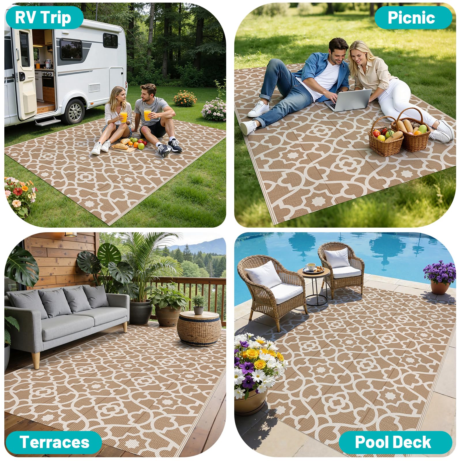 HEBE alfombra 5x8 comparada con pies para visualizar escala