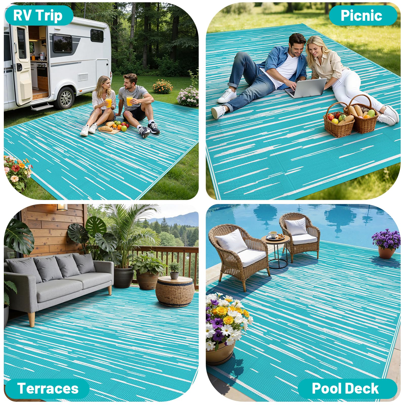 HEBE alfombra en patio con mesa y sillas, define área exterior usable