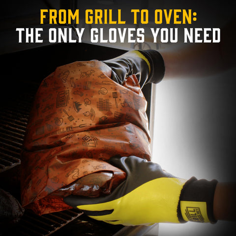 Hey Grill Hey guantes manipulando una parrilla protegiendo manos