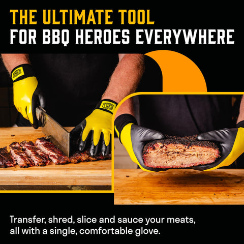 Hey Grill Hey guantes en uso volteando costillas con control y seguridad