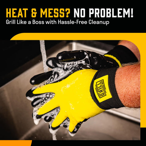 Hey Grill Hey guantes junto a una mano para comparar tamaño y ajuste