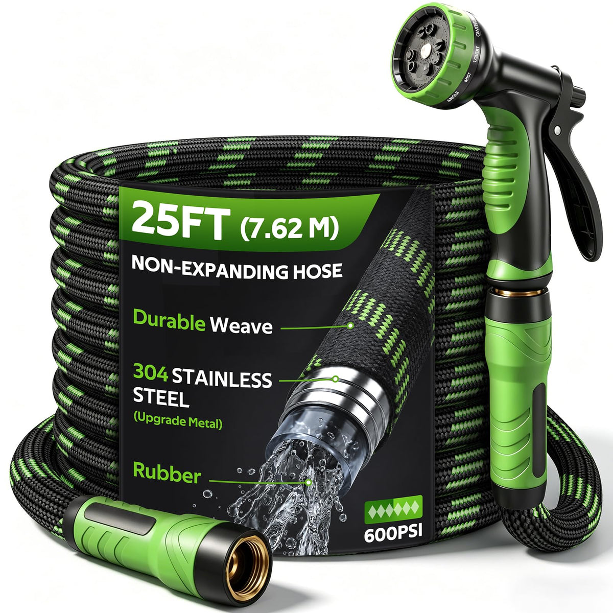 HEYRSUN manguera frontal 25 ft mostrando durabilidad y longitud