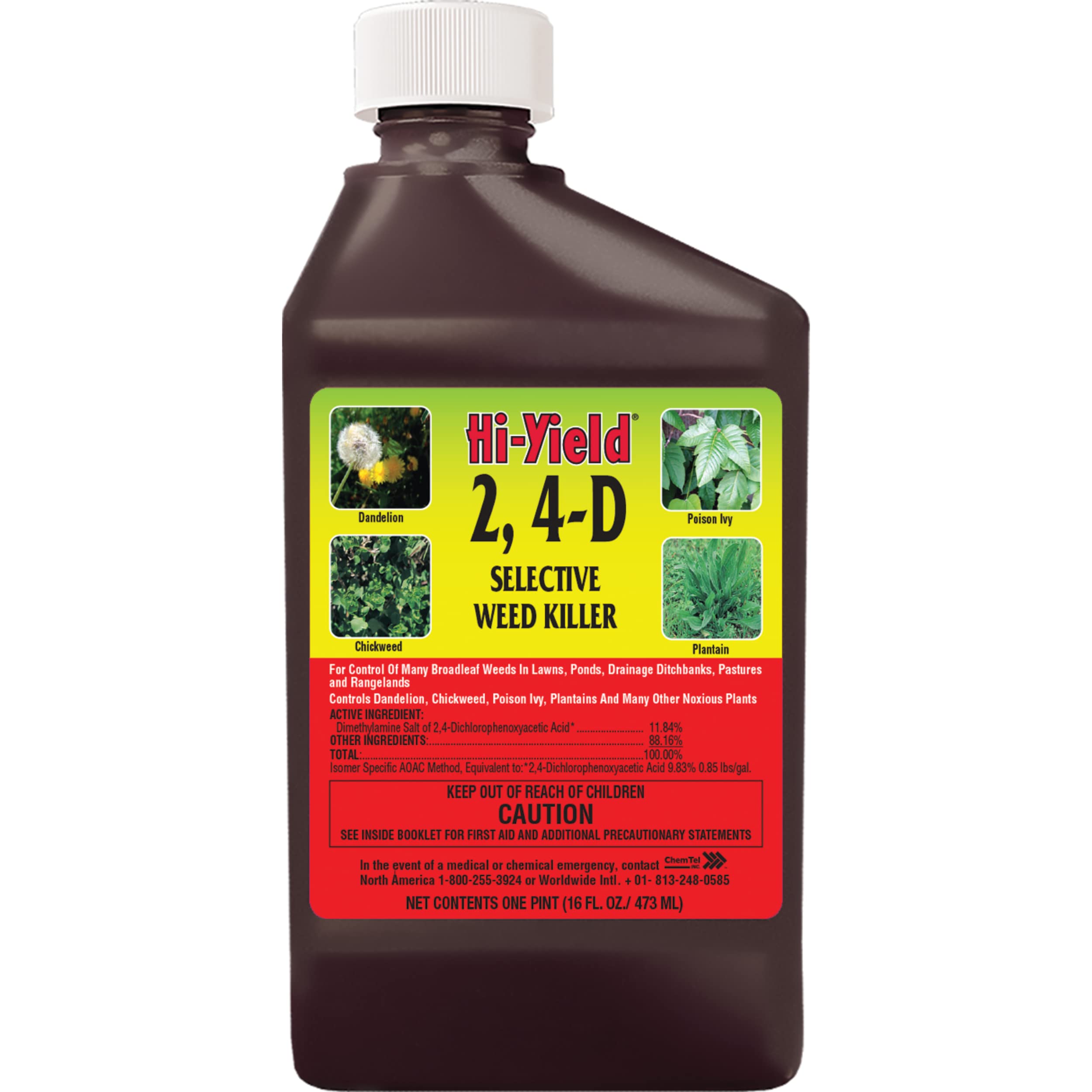 Hi‑Yield botella frontal 16 oz mostrando etiqueta y ventaja de aplicación precisa