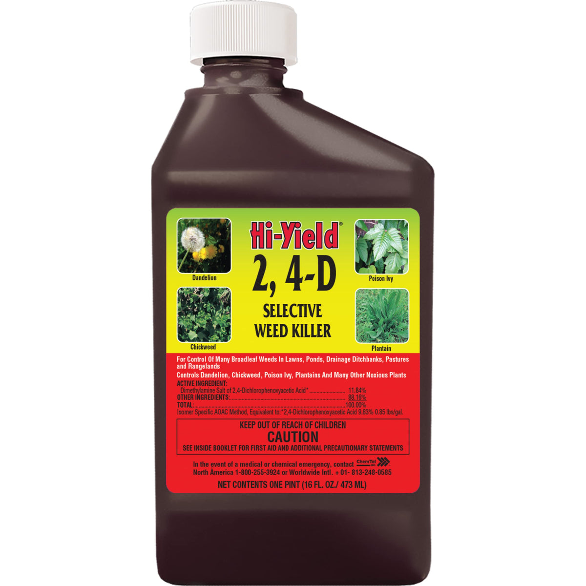 Hi‑Yield botella frontal 16 oz mostrando etiqueta y ventaja de aplicación precisa