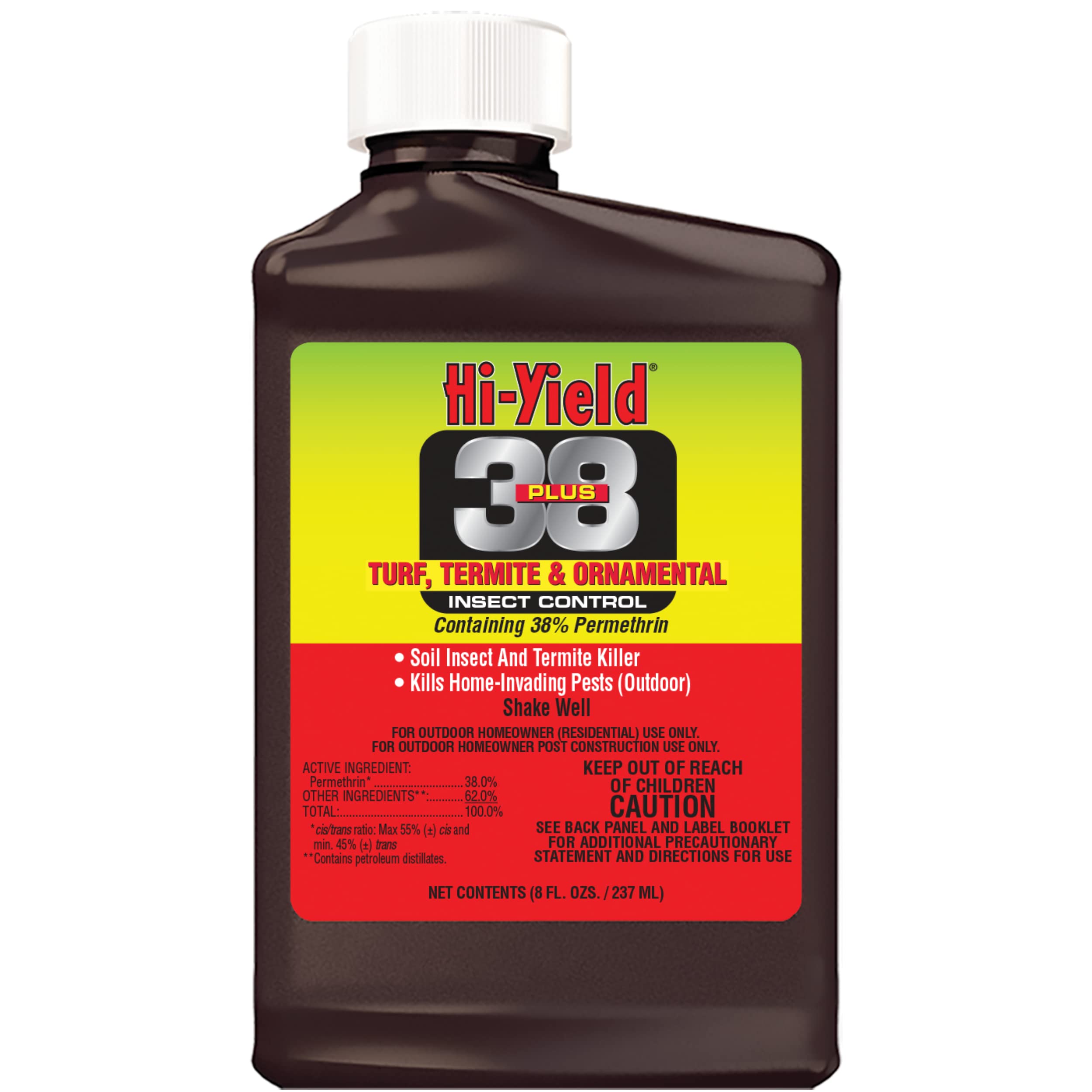 Hi-Yield envase frontal mostrando etiqueta y capacidad 8 oz para control exterior