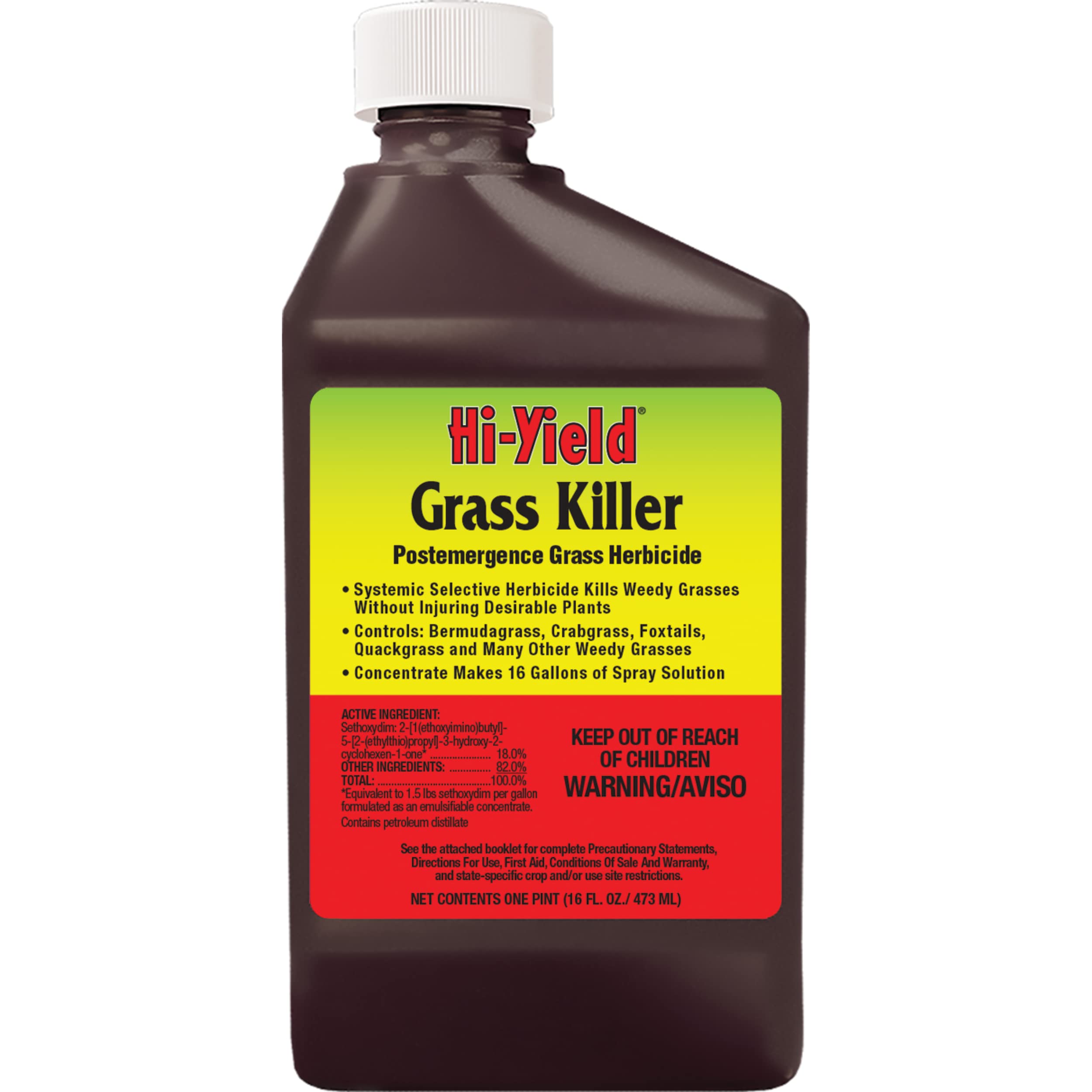 Hi-Yield botella de 16 oz vista frontal con etiqueta clara y rendimiento 16 galones
