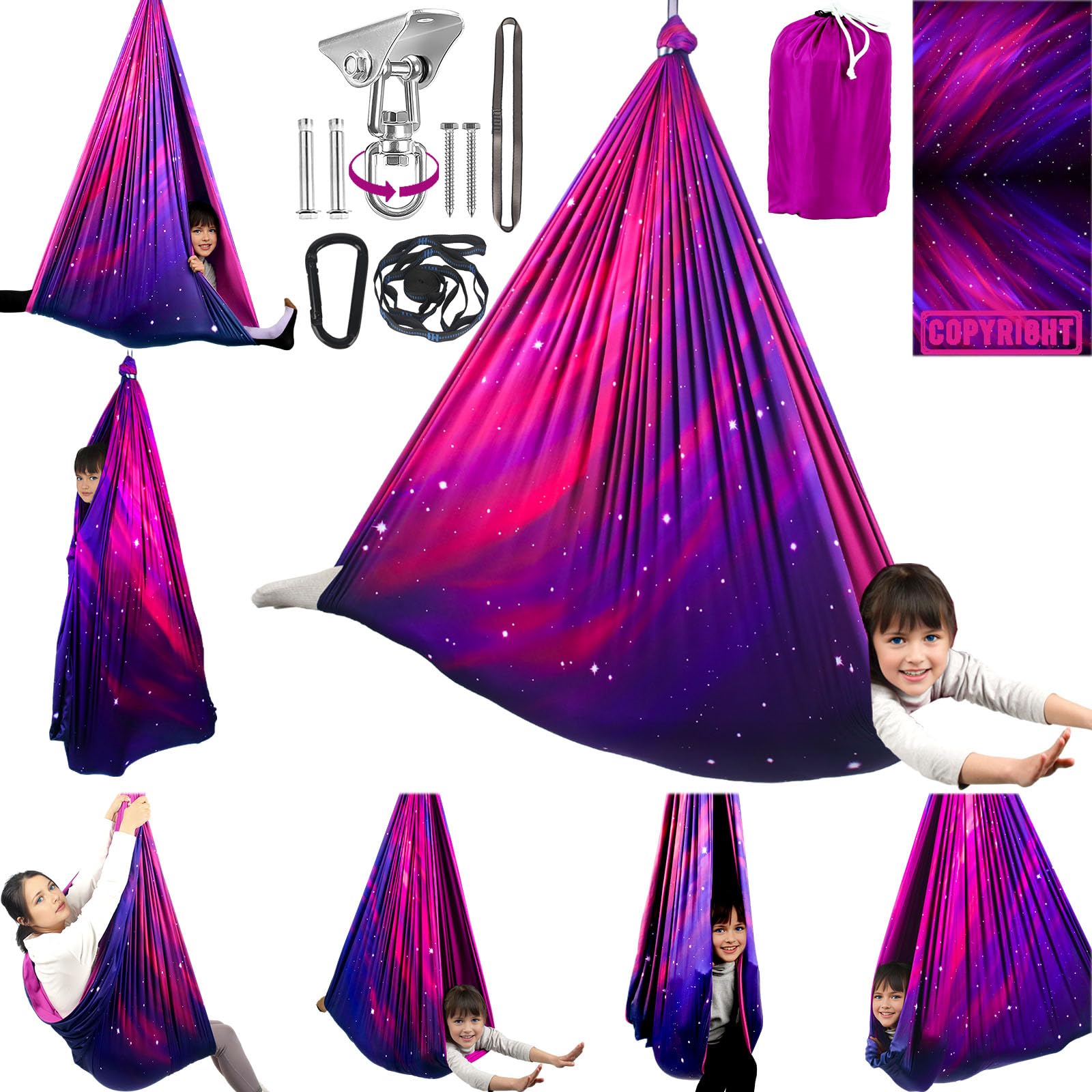 HiCamer columpio frontal mostrando forma envolvente y color galaxy