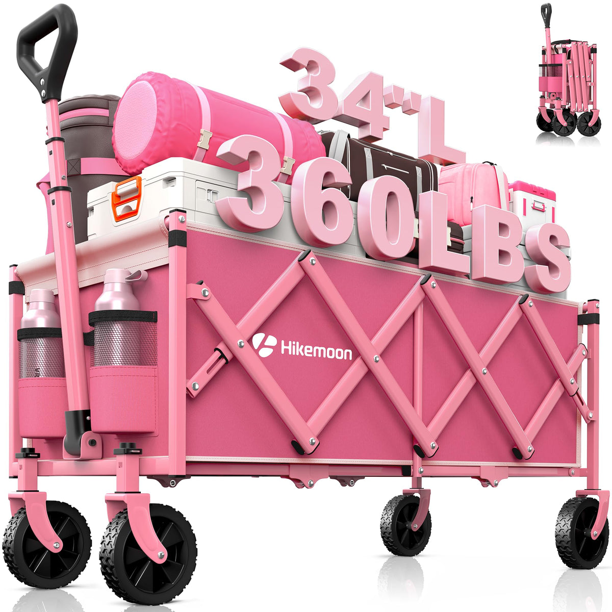HIKEMOON vista frontal del carro rosa mostrando capacidad y acceso fácil