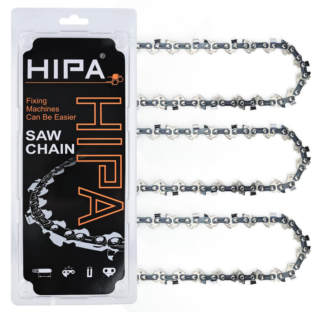 Hipa caja frontal mostrando el set de 3 cadenas y compatibilidad