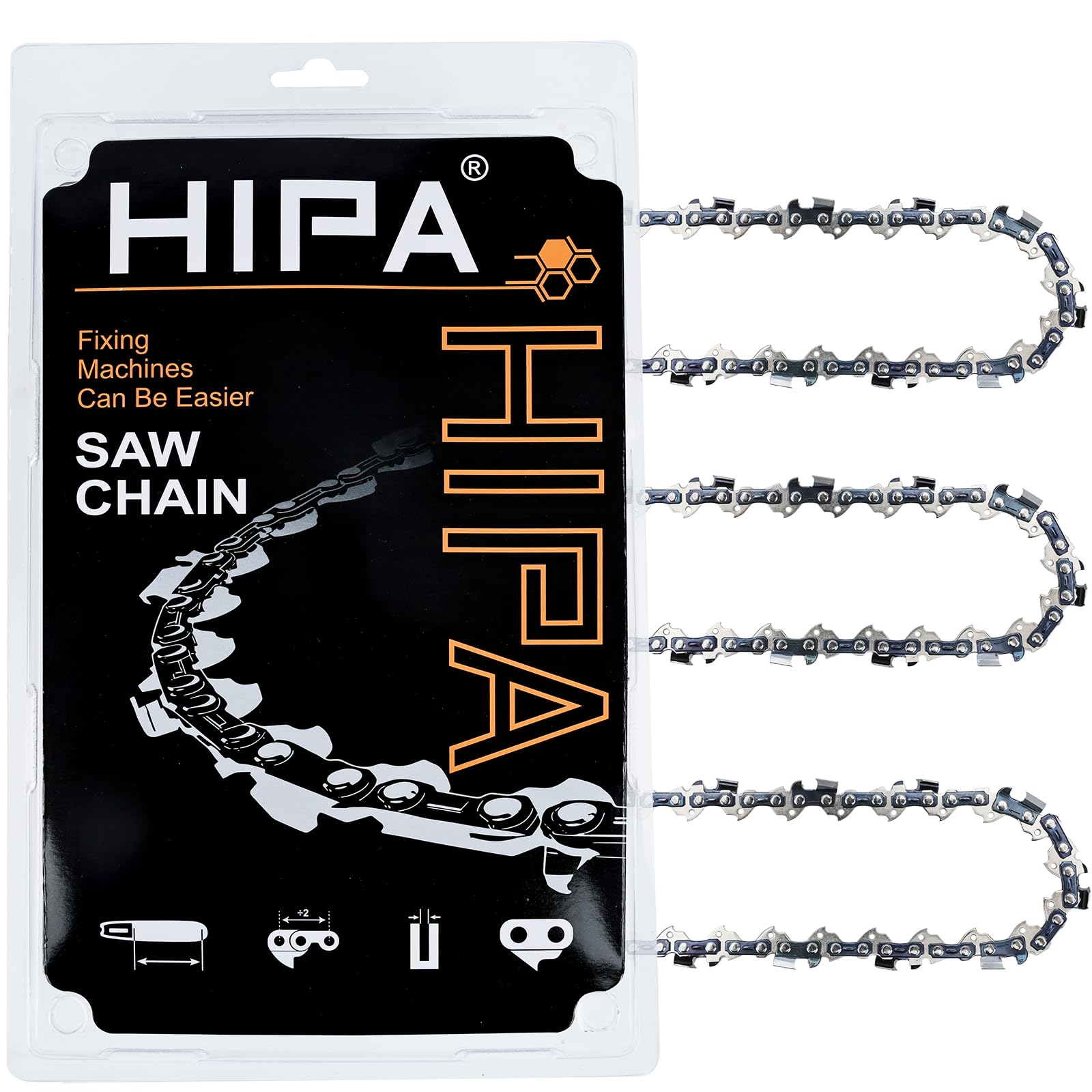 Hipa vista frontal del paquete de 3 cadenas mostrando compatibilidad y beneficio de reposición rápida