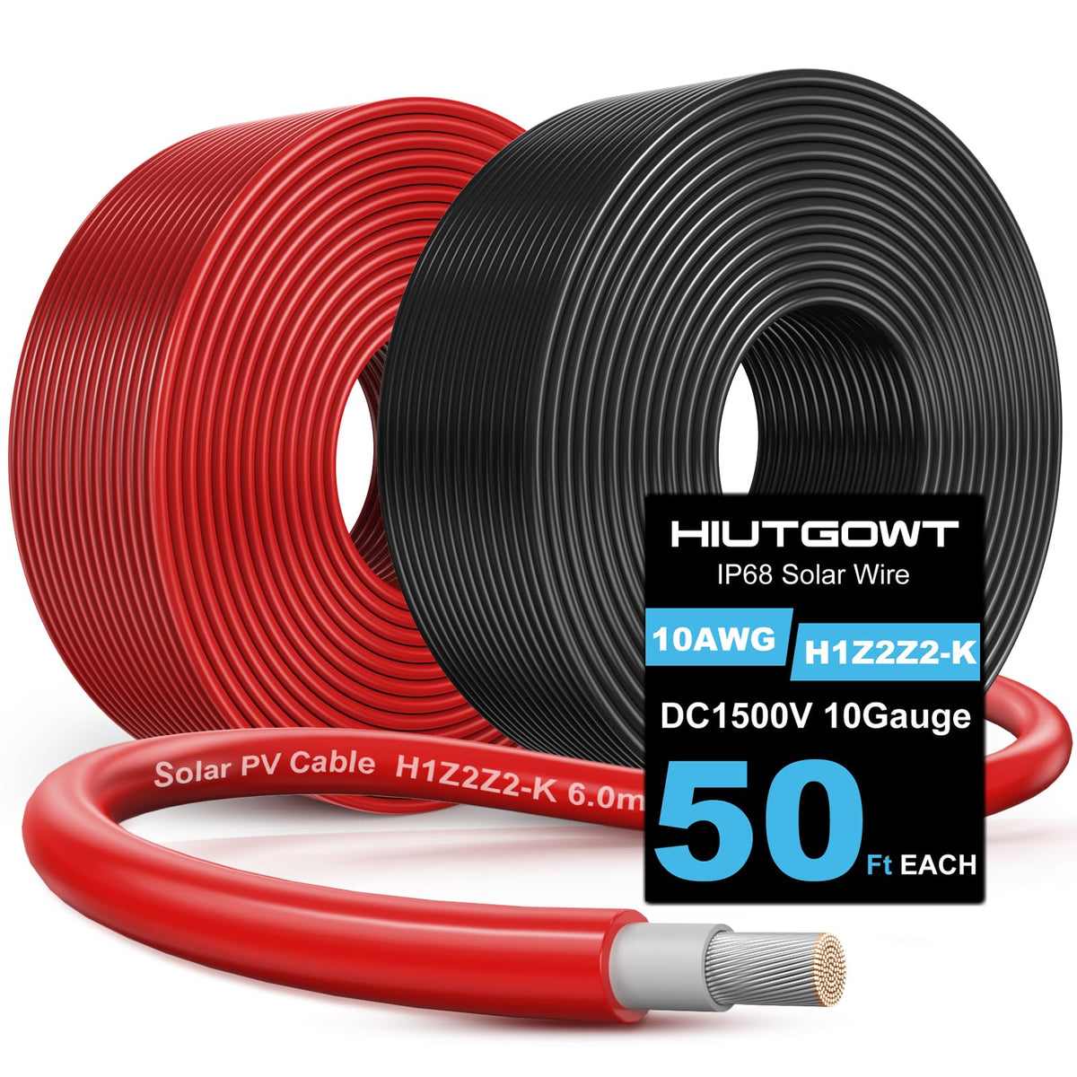 Hiutgowt cable solar frontal con embalaje mostrando pares rojo y negro y beneficio de identificación rápida