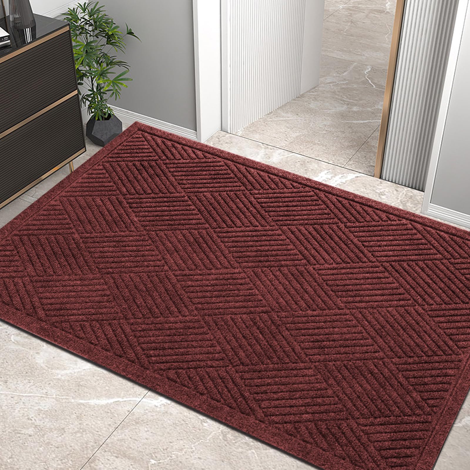 HIYARD felpudo frontal 60x36 rojo mostrando diseño y borde de goma para retener suciedad