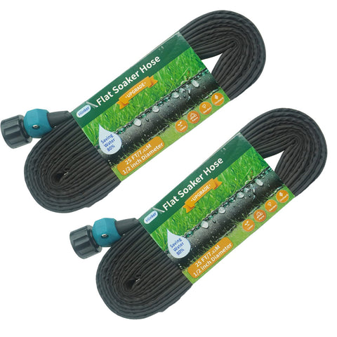 Hlinker manguera empapadora frontal mostrando forma plana y longitud, facilita riego eficiente