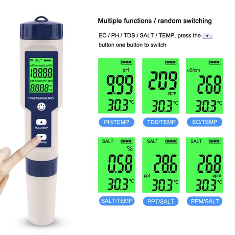 Hofun etiqueta del equipo mostrando funciones pH TDS EC Salinidad Temperatura