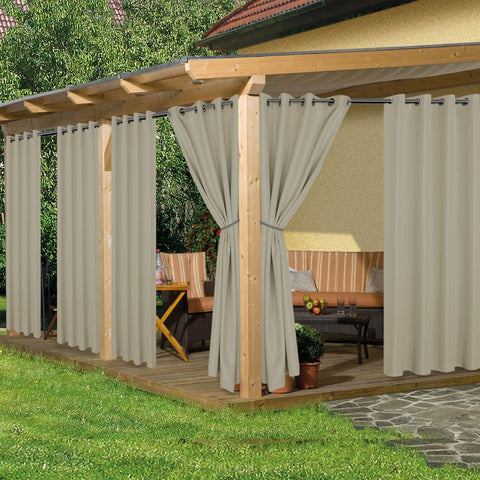 HolidayIdeas cortina exterior frontal mostrando color taupe y cobertura