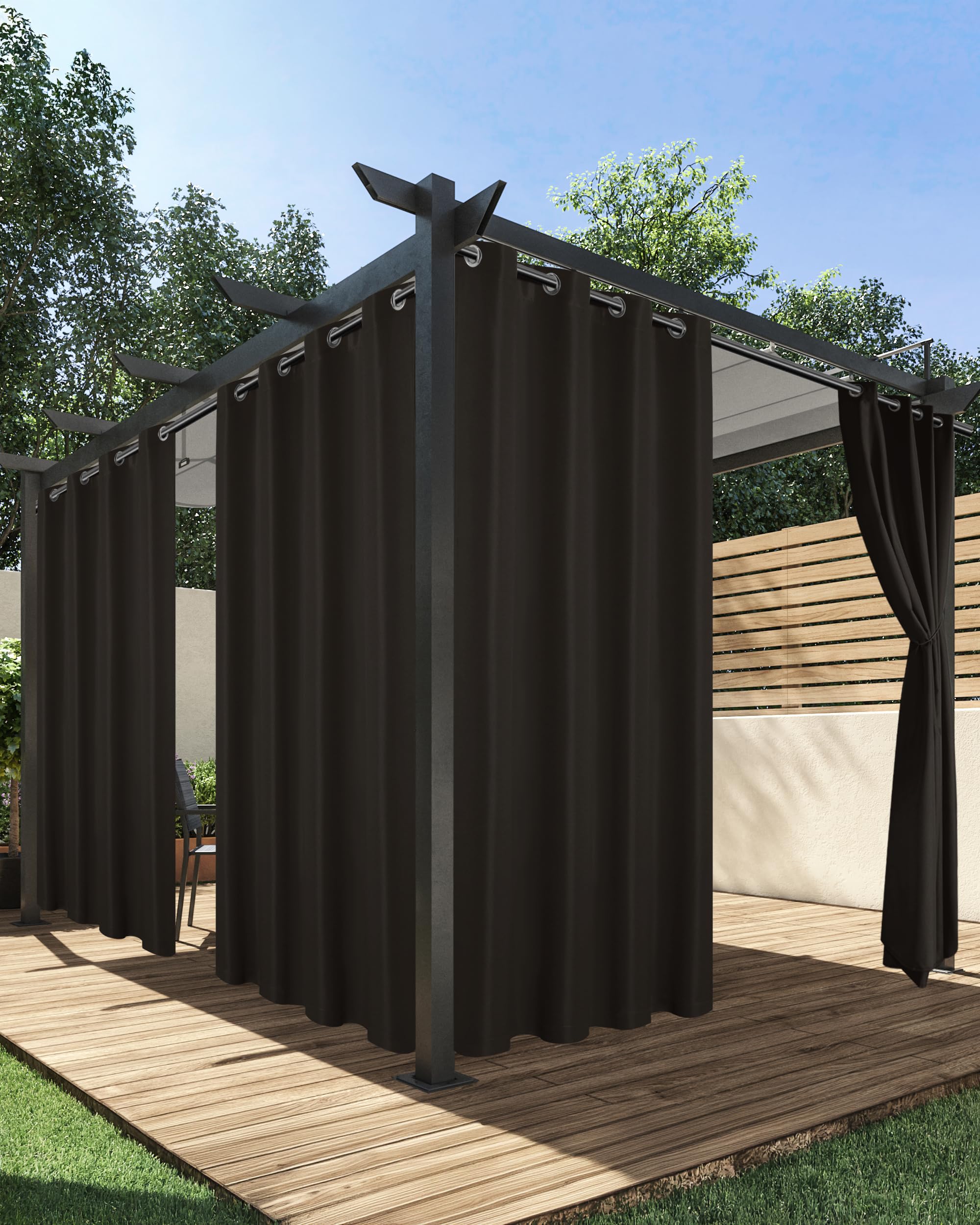 HolidayIdeas cortina exterior frontal mostrando cobertura y color chocolate
