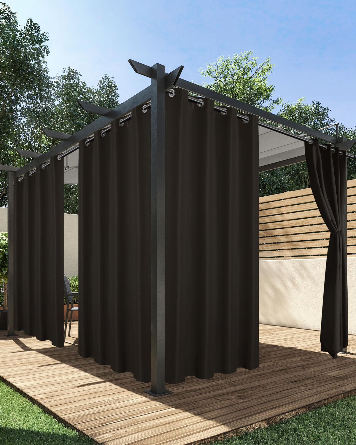 HolidayIdeas cortina exterior frontal mostrando cobertura y color chocolate