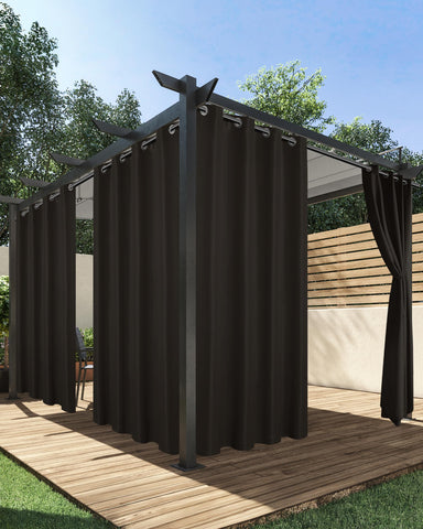 HolidayIdeas cortina exterior frontal mostrando cobertura y color chocolate