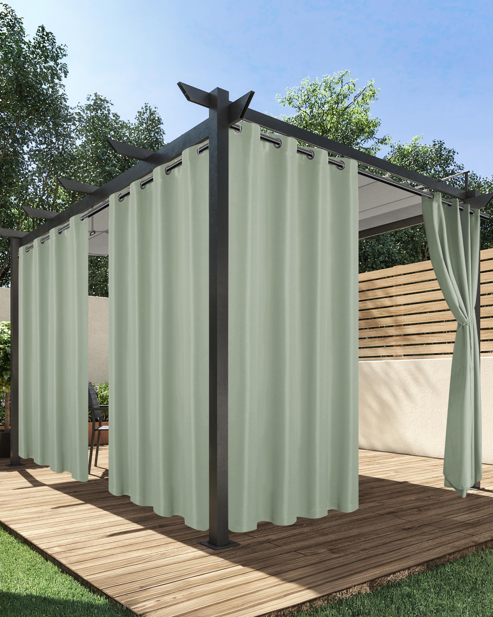 HolidayIdeas cortina exterior frontal mostrando color verde salvia y diseño
