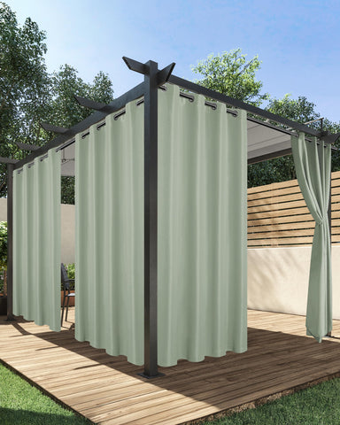 HolidayIdeas cortina exterior frontal mostrando color verde salvia y diseño