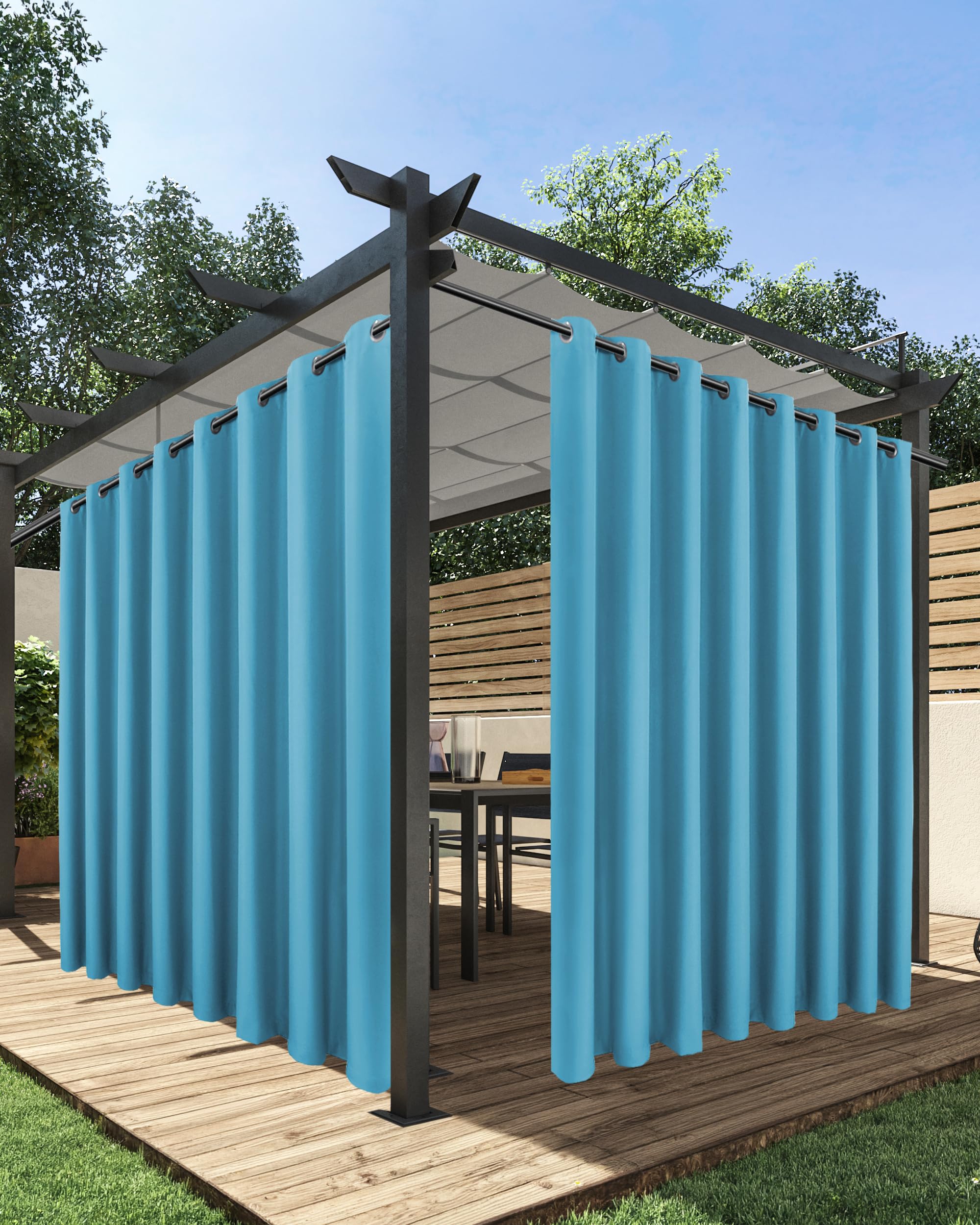 HolidayIdeas vista frontal de cortina exterior teal mostrando cobertura y estilo