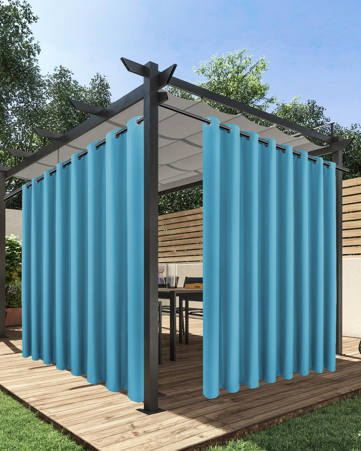 HolidayIdeas vista frontal de cortina exterior teal mostrando cobertura y estilo