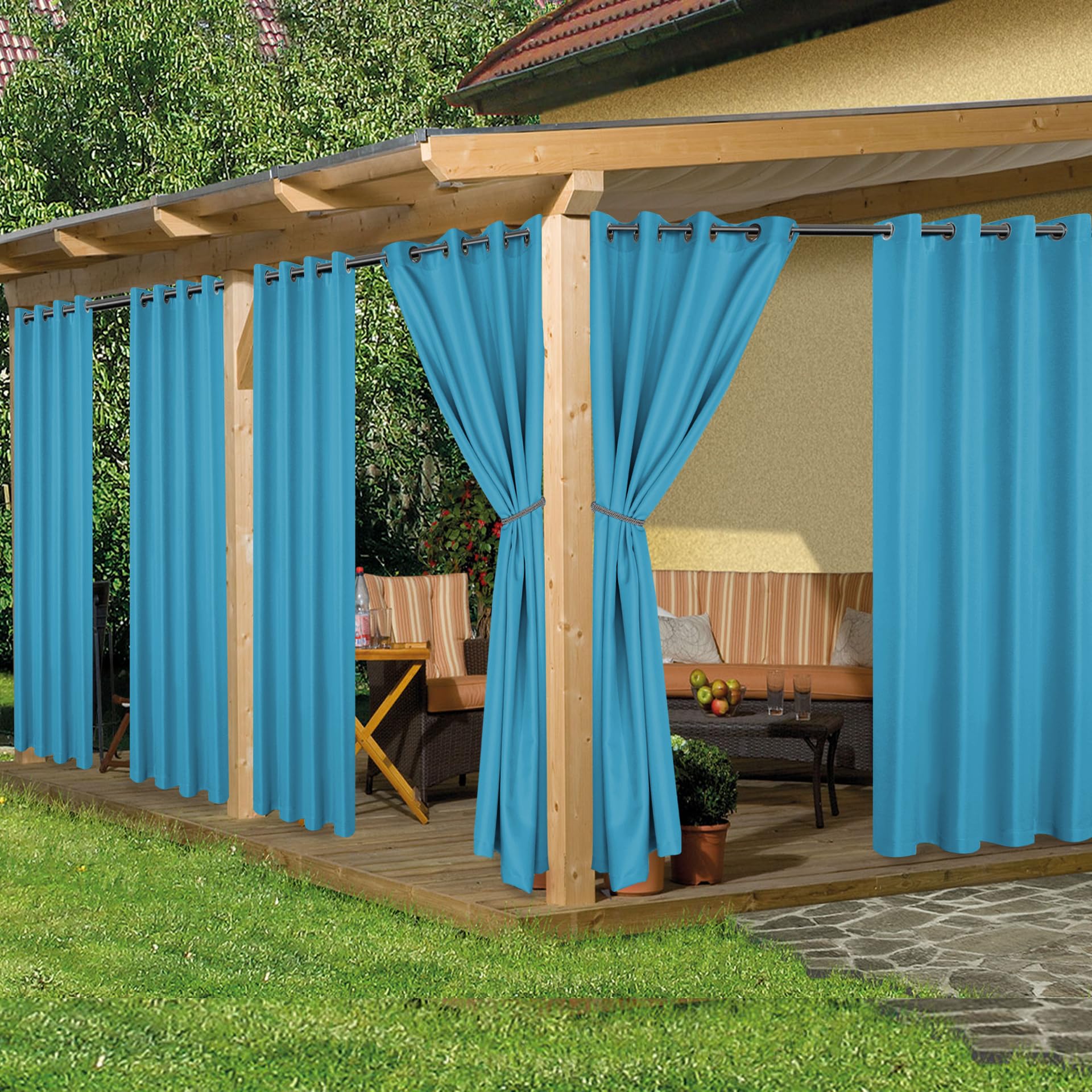 HolidayIdeas cortina exterior frontal mostrando color teal y protección estética