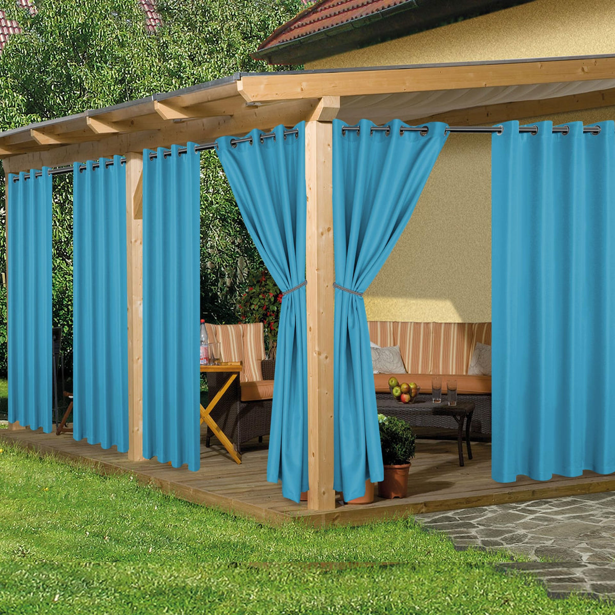 HolidayIdeas cortina exterior frontal mostrando color teal y protección estética