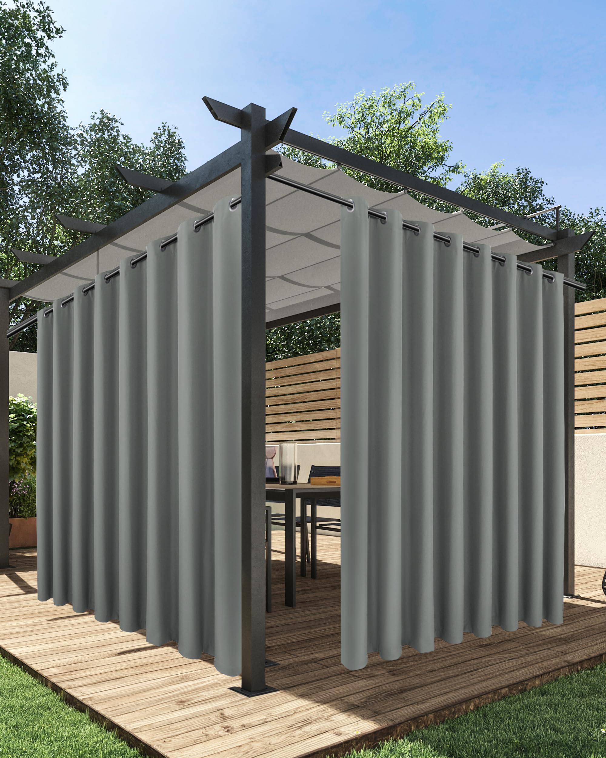 HolidayIdeas vista frontal del juego de cortinas exteriores gris, elegante y protector