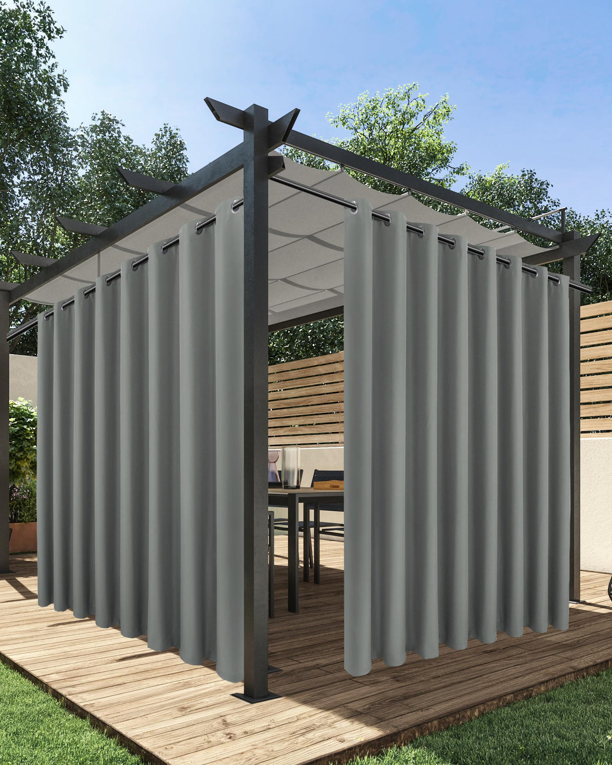 HolidayIdeas vista frontal del juego de cortinas exteriores gris, elegante y protector