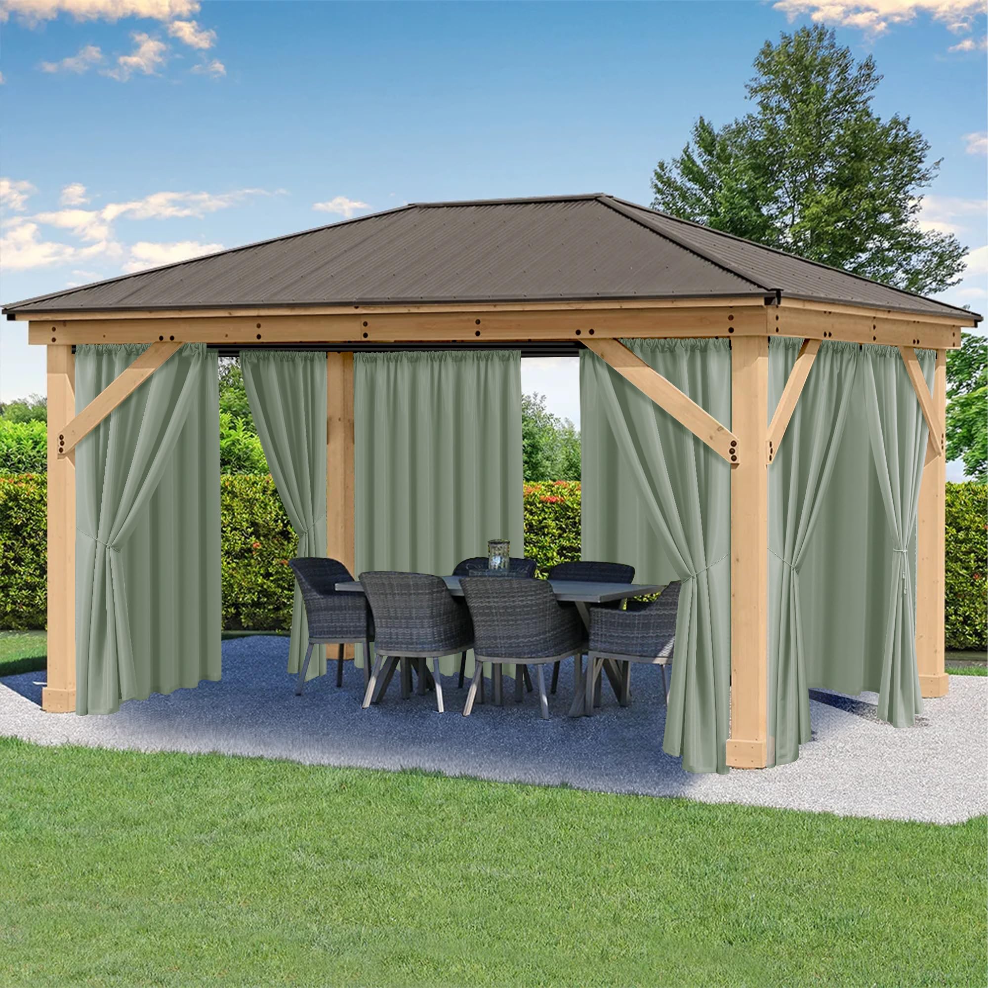 HolidayIdeas vista frontal del panel sage green, privacidad y estilo
