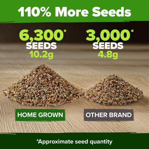 HOME GROWN comparación de semillas mostrando cantidad y escala práctica