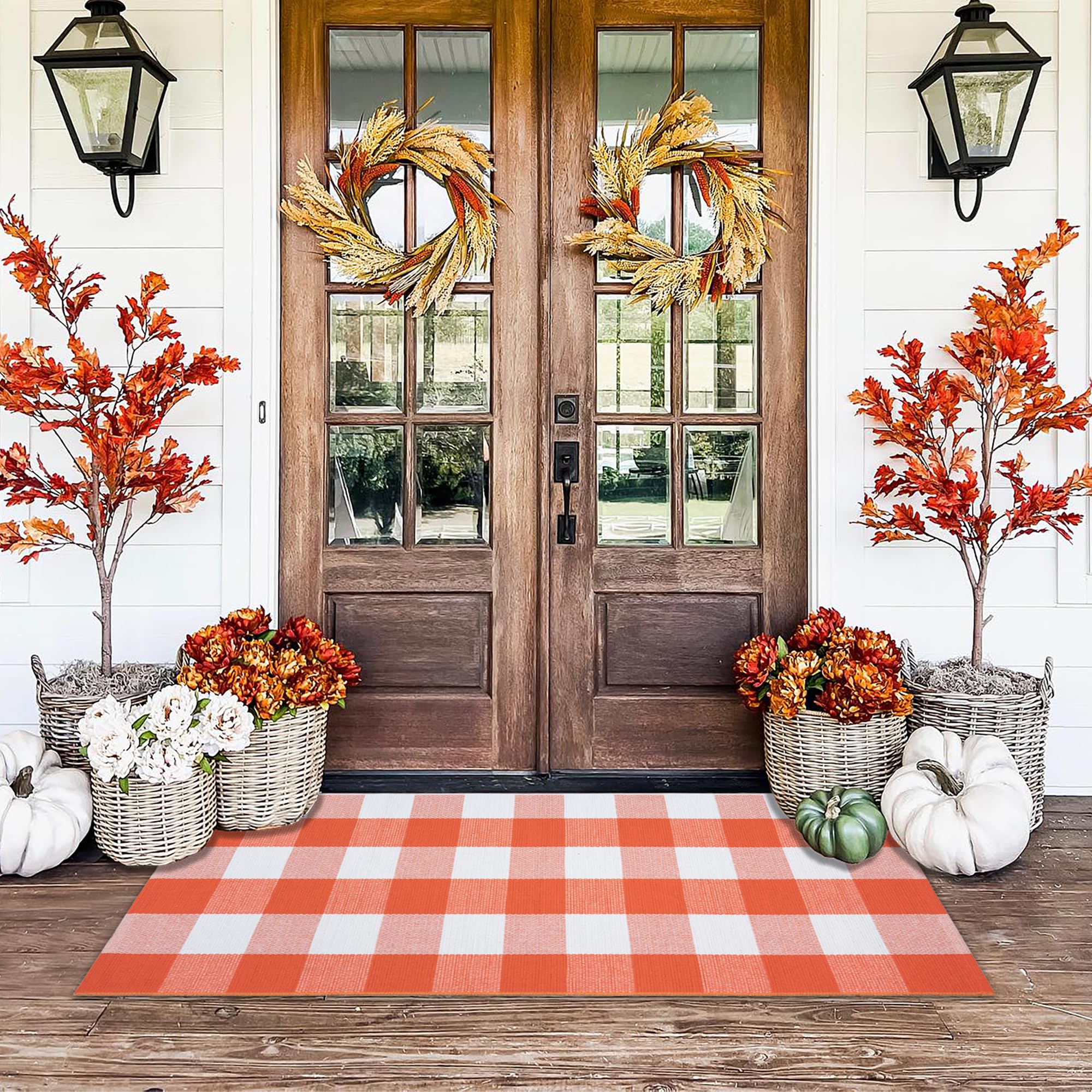 Homydecor alfombra frontal naranja y blanco mostrando diseño otoñal