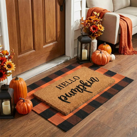 Homydecor alfombra a cuadros naranja y negro vista frontal añade calidez otoñal