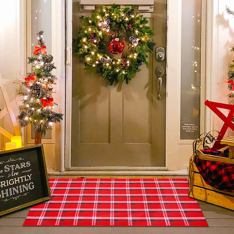 Homydecor felpudo frontal navideño mostrando patrón y bienvenida
