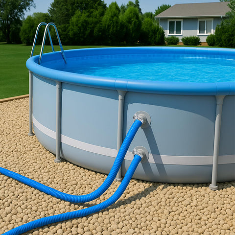 Homyplaza manguera instalada en piscina elevadas en jardín para ambiente real de uso