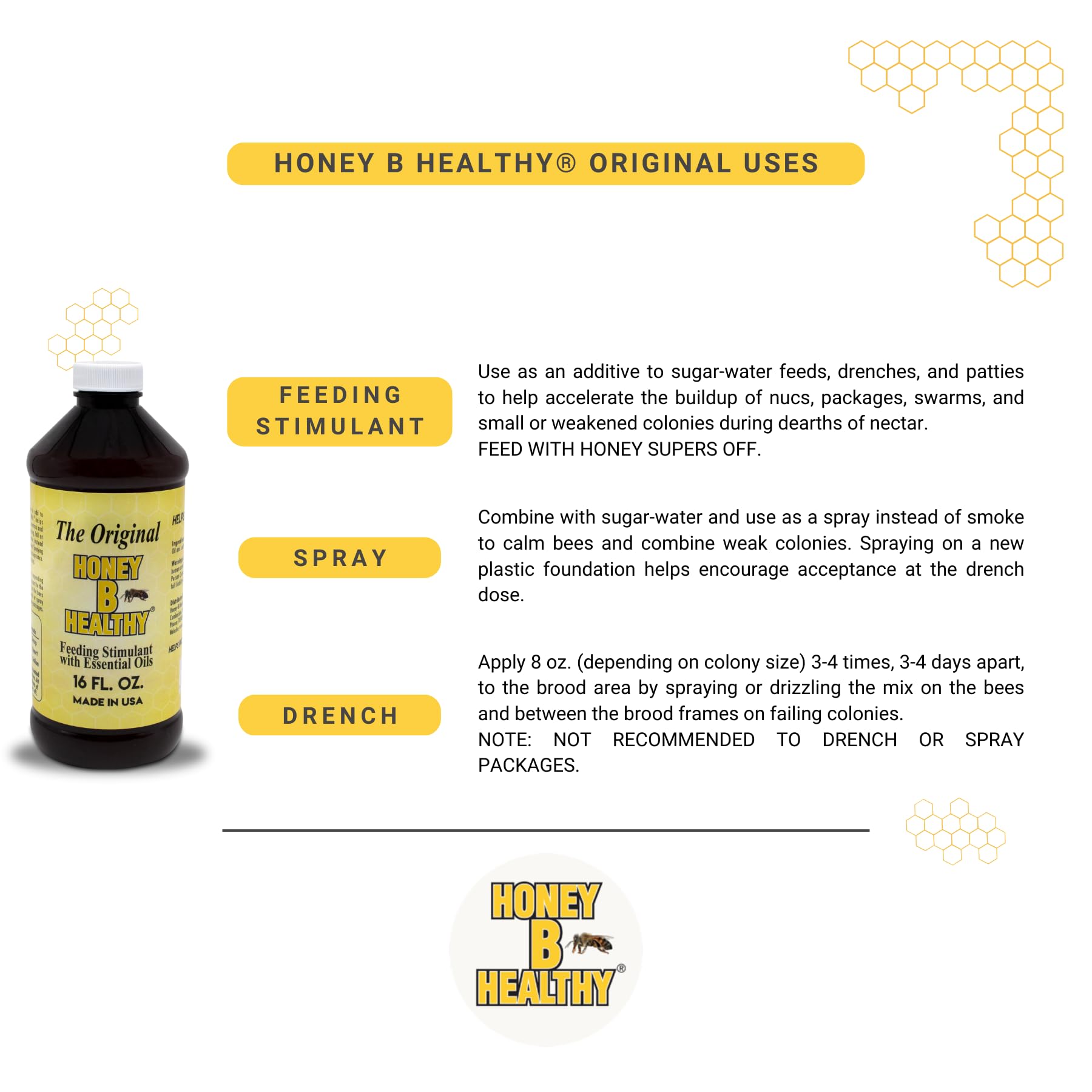 Honey B Healthy comparación de tamaño 16 oz junto a herramientas apícolas para escala