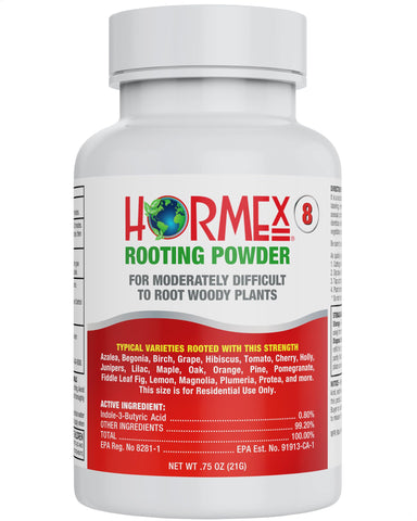 Hormex envase frontal del polvo enraizante mostrando concentración 0,80% IBA y facilidad de uso