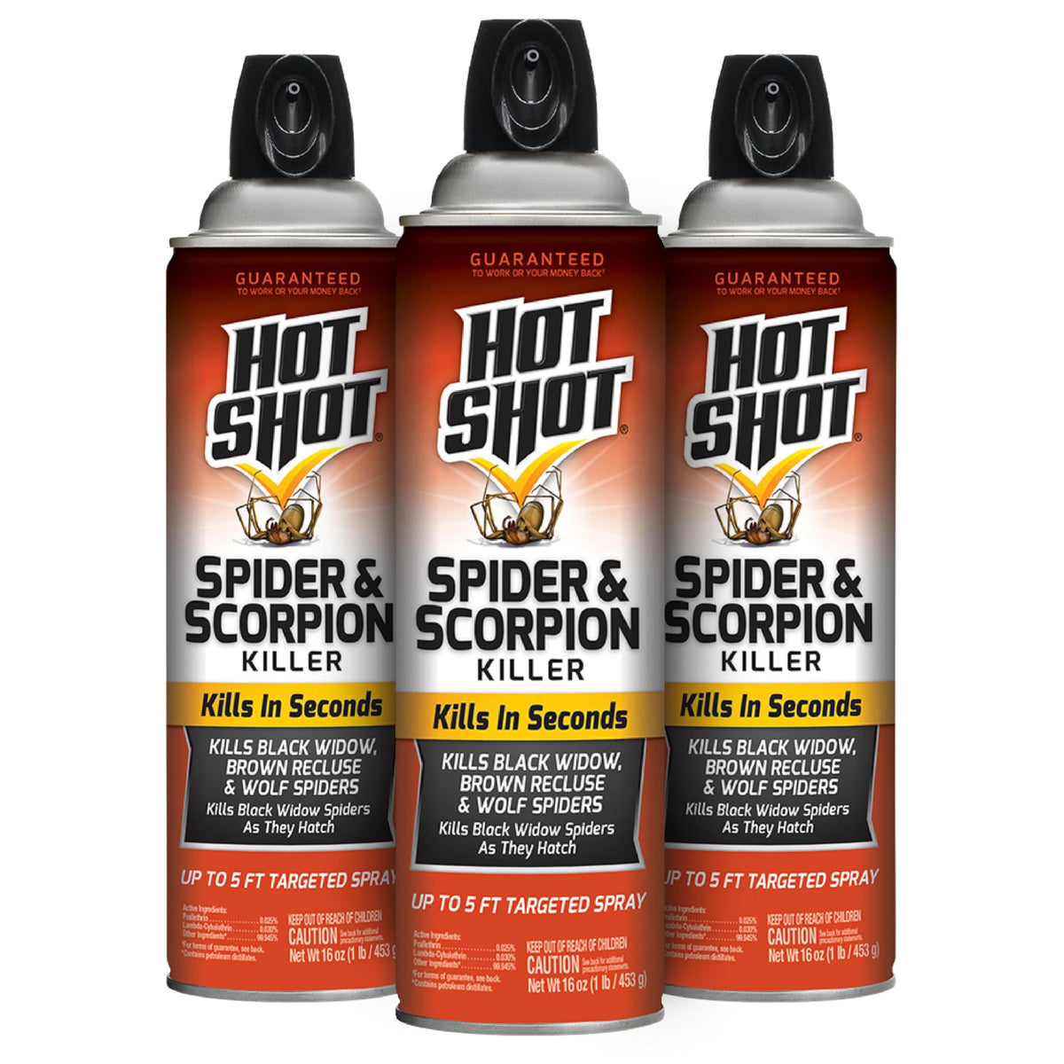 HOT SHOT aerosol frontal pack de 3 mostrando envases y etiqueta claramente, eficacia rápida